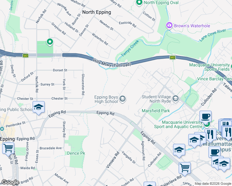 map of restaurants, bars, coffee shops, grocery stores, and more near 110 Crimea Road in Marsfield