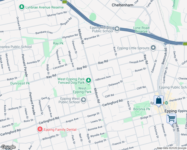 map of restaurants, bars, coffee shops, grocery stores, and more near 160 Midson Road in Epping