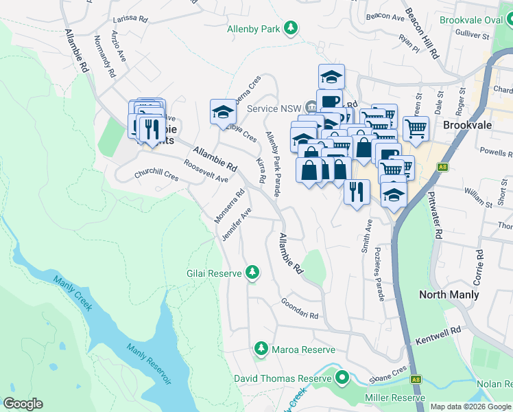 map of restaurants, bars, coffee shops, grocery stores, and more near 5 Maneroo Road in Allambie Heights