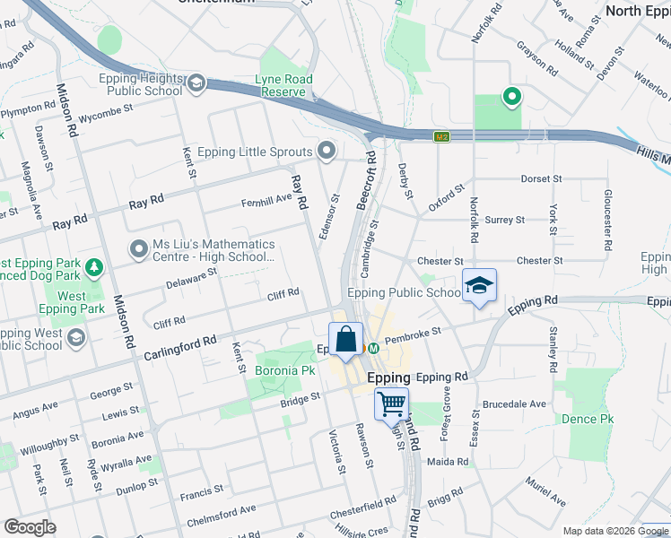 map of restaurants, bars, coffee shops, grocery stores, and more near 244 Beecroft Road in Epping