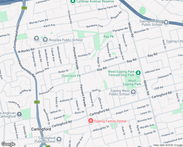 map of restaurants, bars, coffee shops, grocery stores, and more near 215 Ray Road in Epping