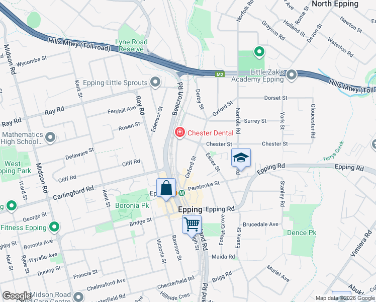 map of restaurants, bars, coffee shops, grocery stores, and more near 37 Oxford Street in Epping