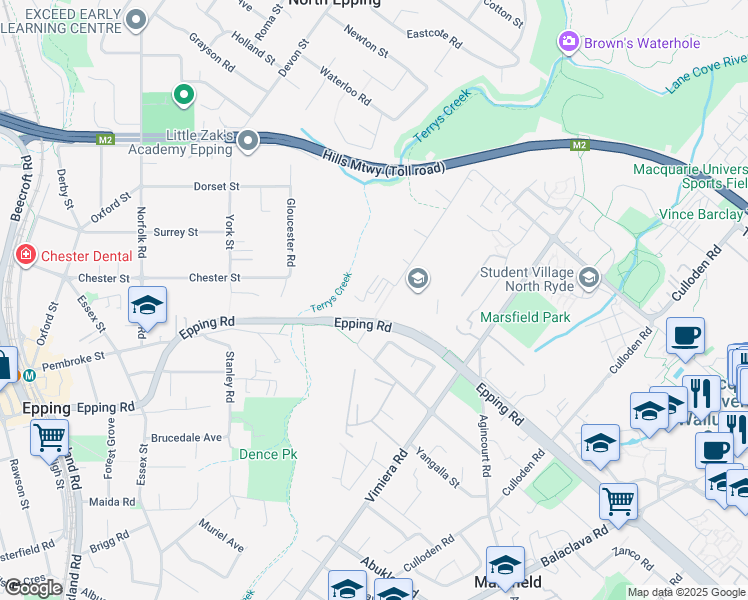 map of restaurants, bars, coffee shops, grocery stores, and more near 102 Crimea Road in Marsfield