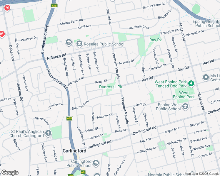 map of restaurants, bars, coffee shops, grocery stores, and more near 33 Dunrossil Avenue in Carlingford