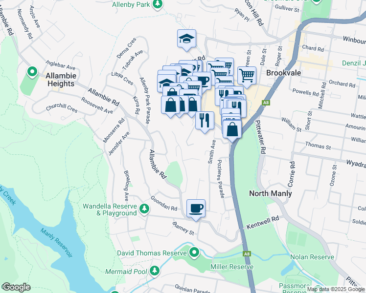 map of restaurants, bars, coffee shops, grocery stores, and more near 23 Lyly Road in Allambie Heights