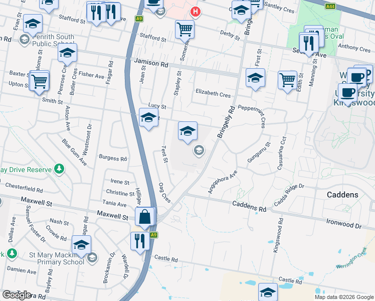 map of restaurants, bars, coffee shops, grocery stores, and more near 131 Bringelly Road in Kingswood