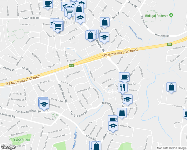 map of restaurants, bars, coffee shops, grocery stores, and more near 18 Goodin Road in Baulkham Hills