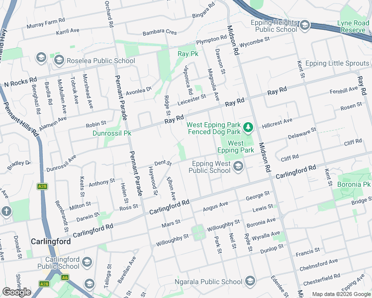 map of restaurants, bars, coffee shops, grocery stores, and more near 26 Dent Street in Epping