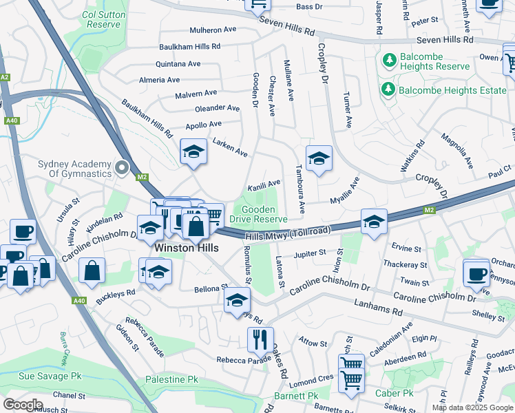 map of restaurants, bars, coffee shops, grocery stores, and more near 78Z Gooden Drive in Baulkham Hills