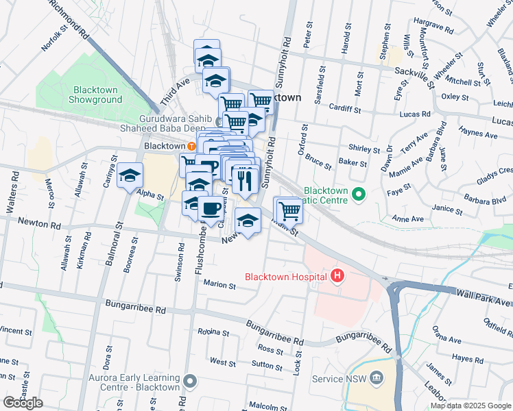 map of restaurants, bars, coffee shops, grocery stores, and more near 123 Main Street in Blacktown