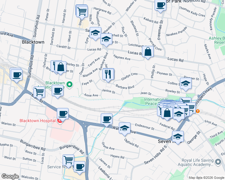 map of restaurants, bars, coffee shops, grocery stores, and more near 19 Janice Street in Seven Hills
