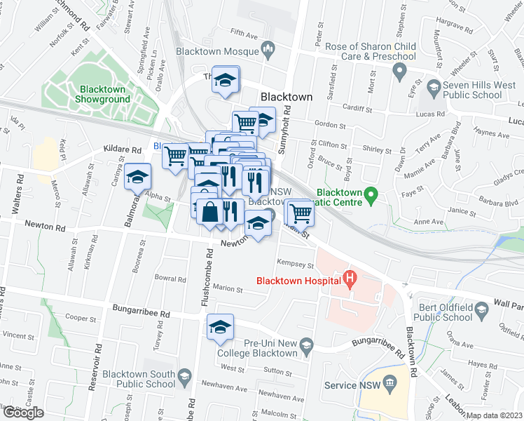 map of restaurants, bars, coffee shops, grocery stores, and more near 130 Main Street in Blacktown