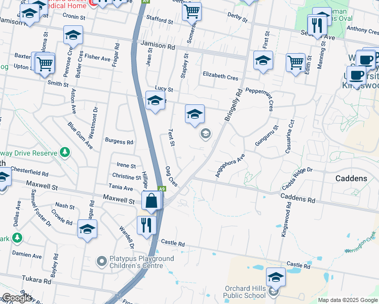 map of restaurants, bars, coffee shops, grocery stores, and more near 131 Bringelly Road in Kingswood