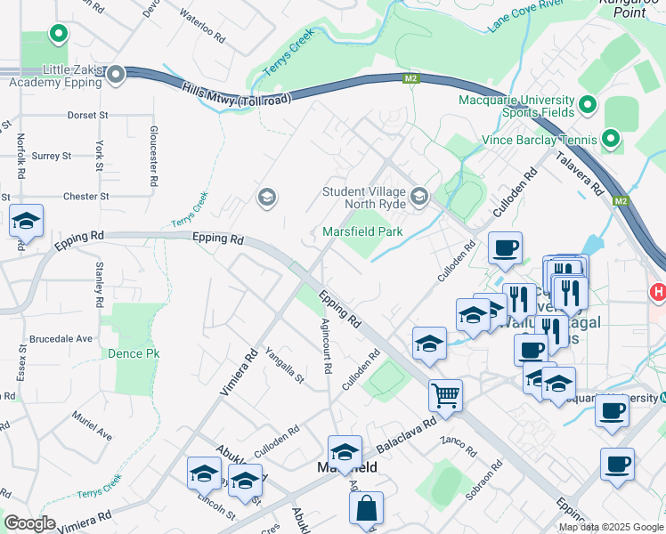 map of restaurants, bars, coffee shops, grocery stores, and more near 1 Dayman Place in Marsfield