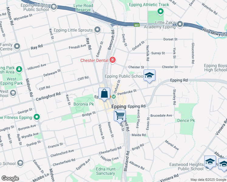 map of restaurants, bars, coffee shops, grocery stores, and more near 3 Oxford Street in Epping