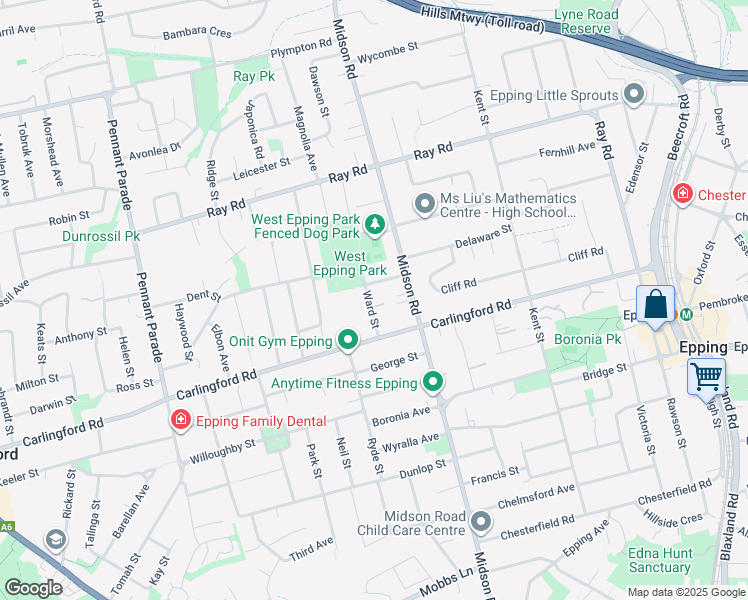 map of restaurants, bars, coffee shops, grocery stores, and more near 10 Ward Street in Epping