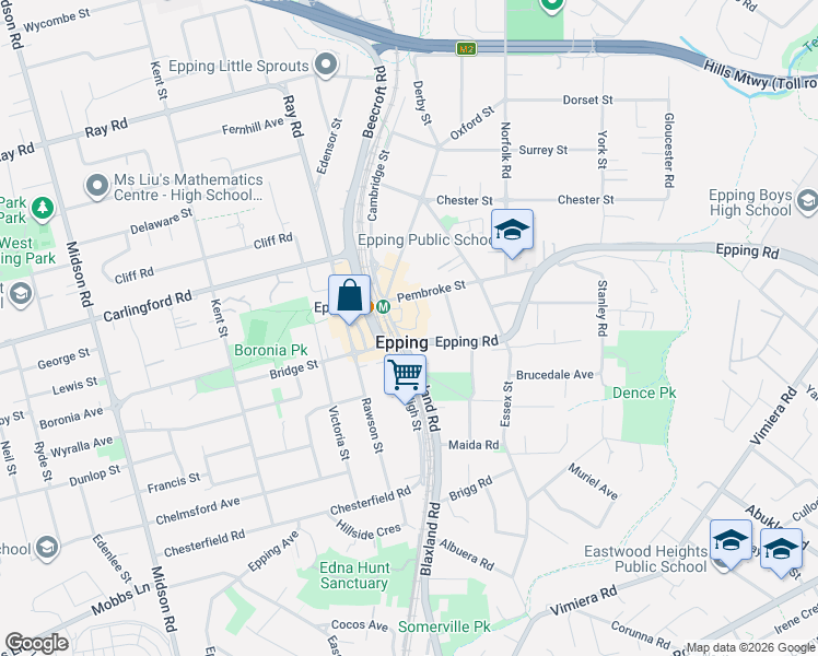 map of restaurants, bars, coffee shops, grocery stores, and more near 12-22 Langston Place in Epping