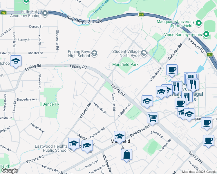 map of restaurants, bars, coffee shops, grocery stores, and more near 186 Vimiera Road in Marsfield
