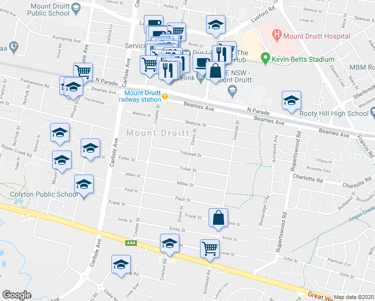 map of restaurants, bars, coffee shops, grocery stores, and more near 28 Dixon Street in Mount Druitt