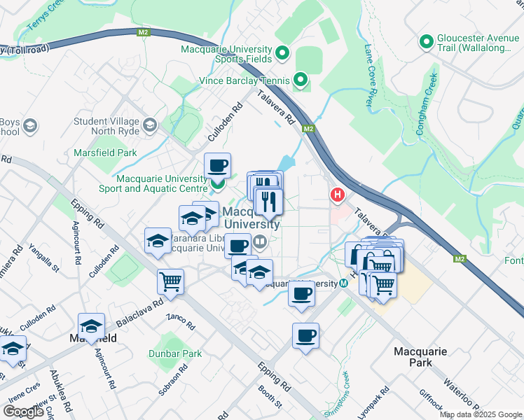 map of restaurants, bars, coffee shops, grocery stores, and more near 192 Balaclava Road in Macquarie Park