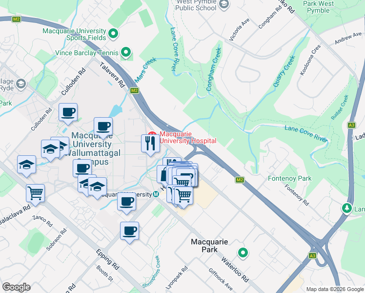 map of restaurants, bars, coffee shops, grocery stores, and more near 100 Talavera Road in Macquarie Park