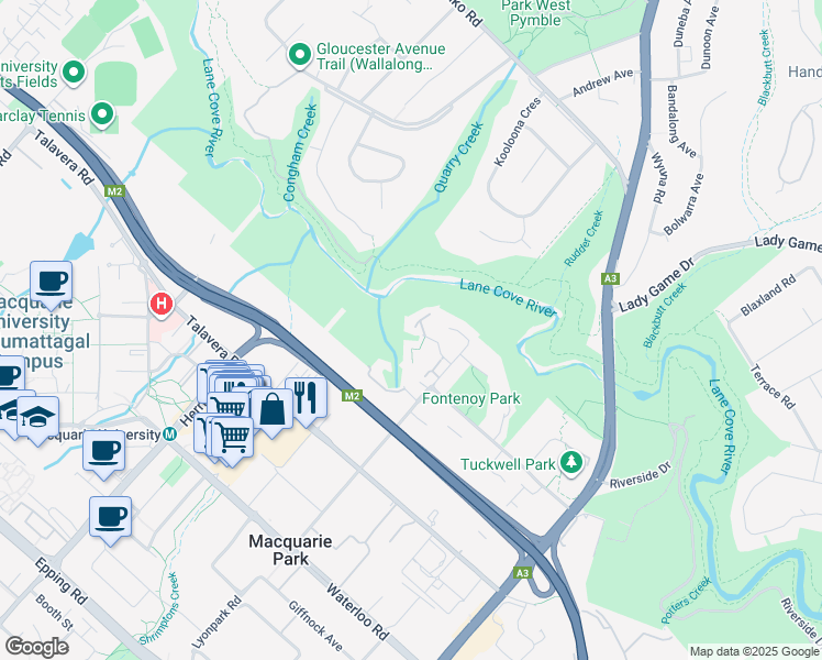 map of restaurants, bars, coffee shops, grocery stores, and more near 5 Durham Close in Macquarie Park
