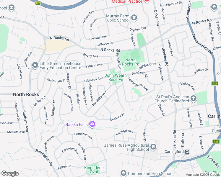 map of restaurants, bars, coffee shops, grocery stores, and more near 49 Manildra Avenue in Carlingford