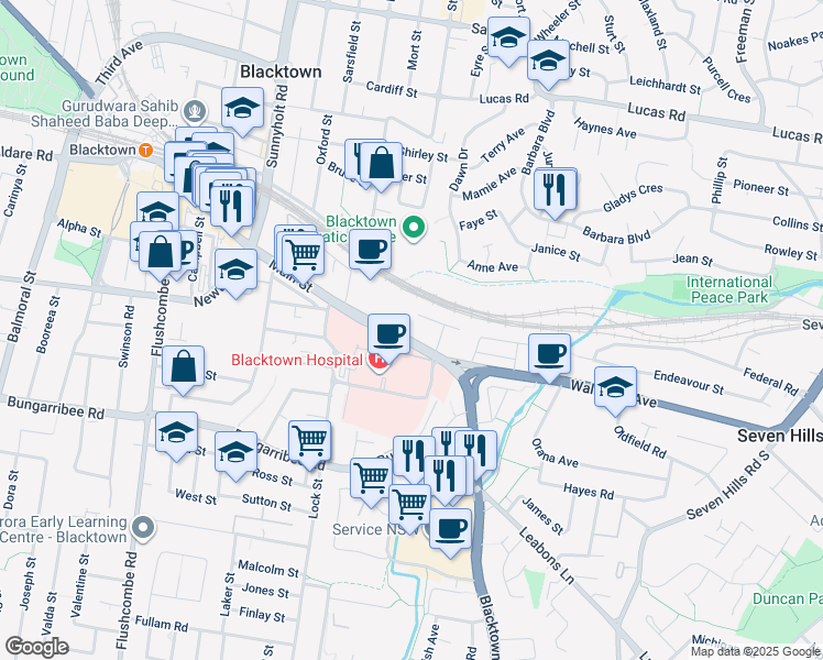 map of restaurants, bars, coffee shops, grocery stores, and more near 25 Mantaka Street in Blacktown
