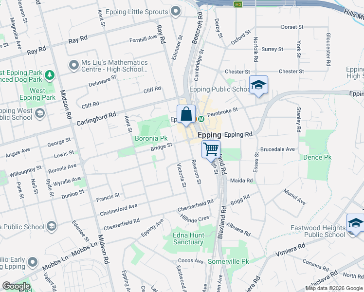 map of restaurants, bars, coffee shops, grocery stores, and more near 24 Bridge Street in Epping