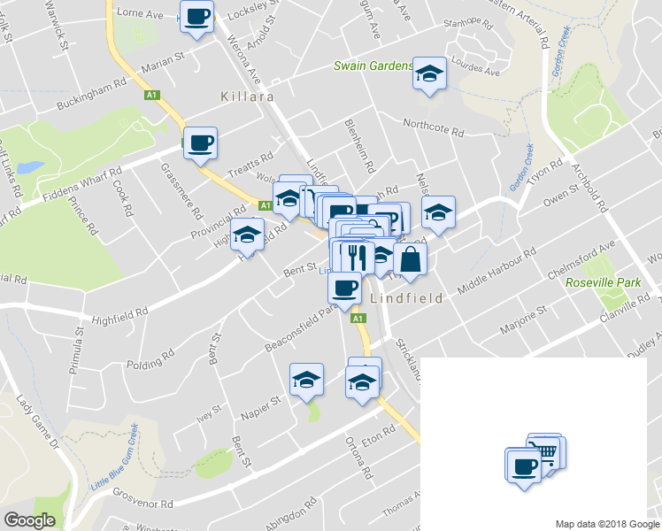 map of restaurants, bars, coffee shops, grocery stores, and more near 6 Bent Street in Lindfield