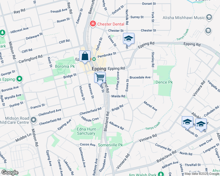 map of restaurants, bars, coffee shops, grocery stores, and more near 719 Blaxland Road in Epping