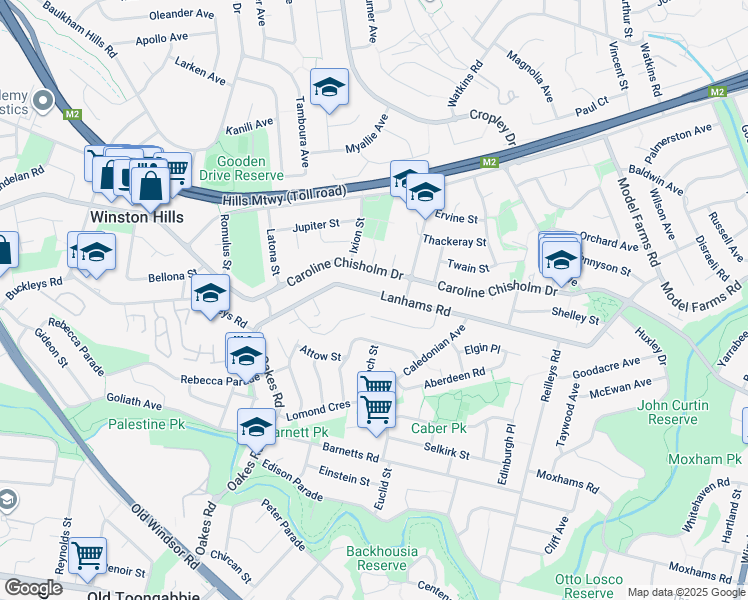 map of restaurants, bars, coffee shops, grocery stores, and more near 93 Lanhams Road in Winston Hills