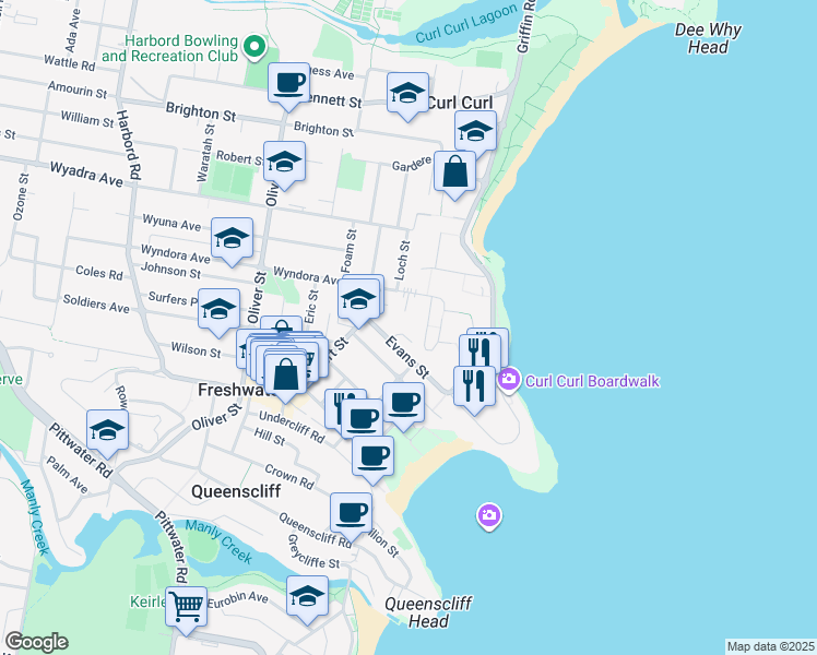 map of restaurants, bars, coffee shops, grocery stores, and more near 12 Ronald Avenue in Freshwater