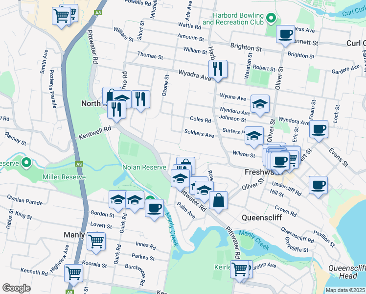 map of restaurants, bars, coffee shops, grocery stores, and more near 52 Martin Street in Freshwater