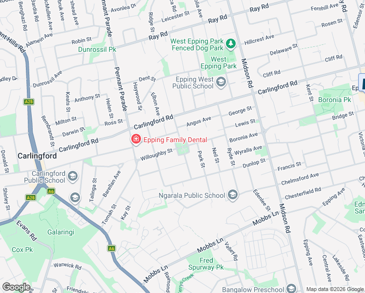 map of restaurants, bars, coffee shops, grocery stores, and more near 35 Willoughby Street in Epping