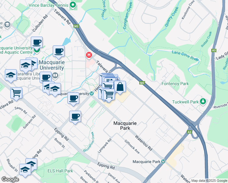 map of restaurants, bars, coffee shops, grocery stores, and more near 225 Herring Road in Macquarie Park