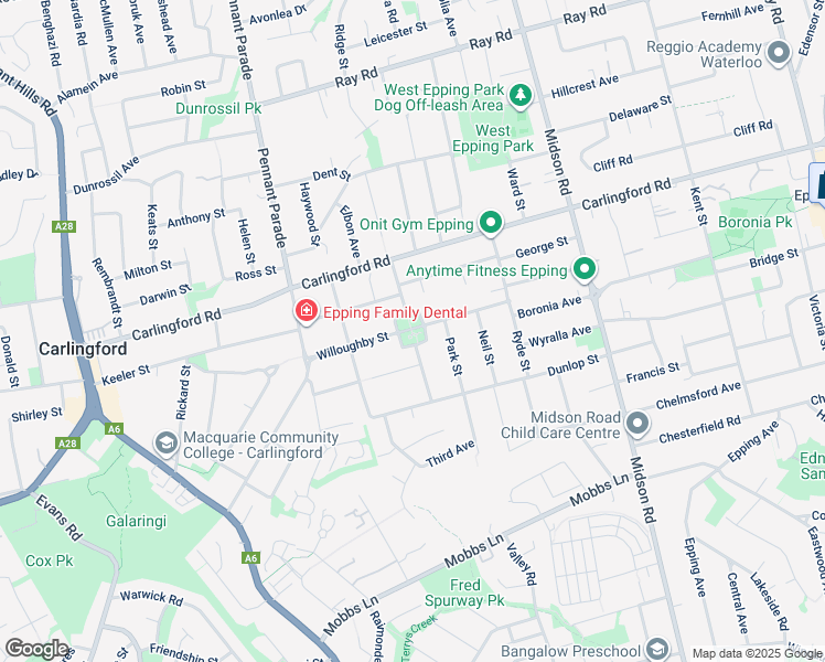 map of restaurants, bars, coffee shops, grocery stores, and more near 35 Willoughby Street in Epping