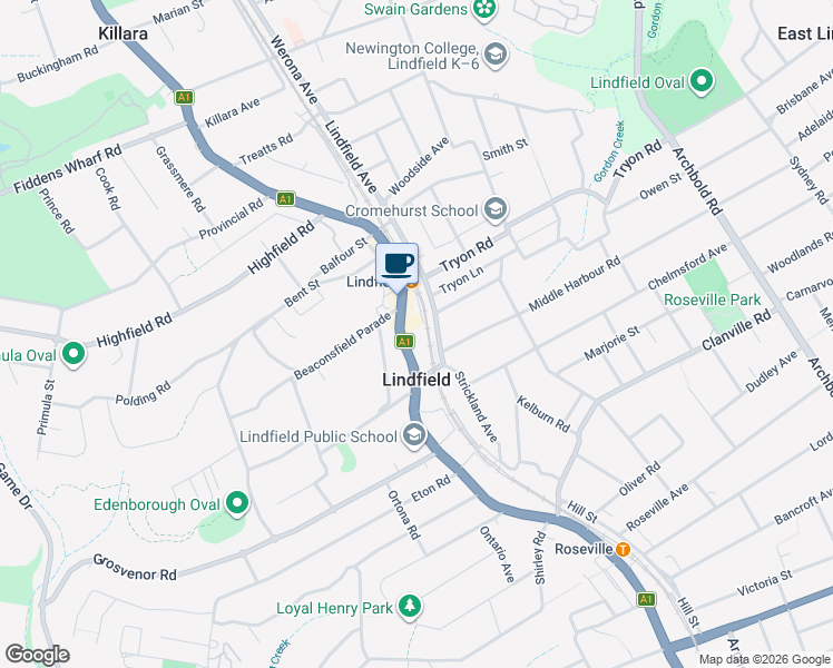 map of restaurants, bars, coffee shops, grocery stores, and more near 265 Pacific Hwy in Lindfield