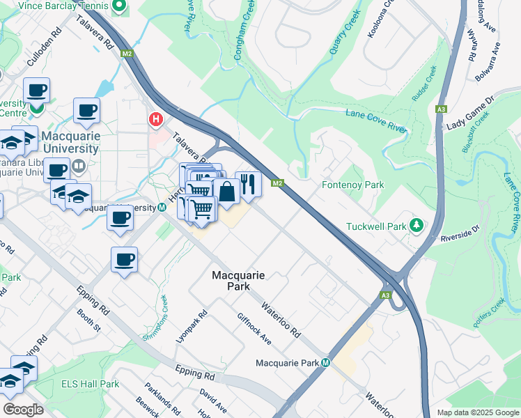map of restaurants, bars, coffee shops, grocery stores, and more near 5 Alma Road in Macquarie Park