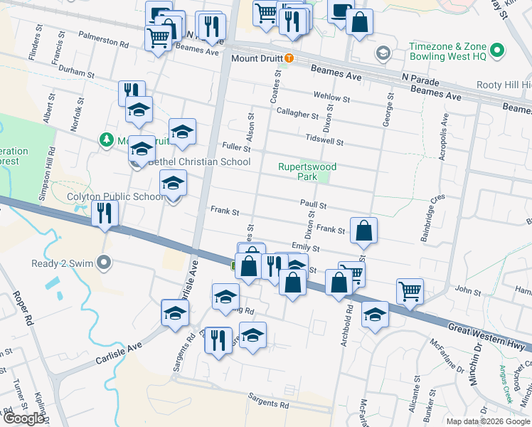 map of restaurants, bars, coffee shops, grocery stores, and more near 70 Frank Street in Mount Druitt