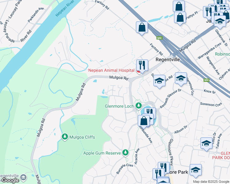 map of restaurants, bars, coffee shops, grocery stores, and more near 41 Regentville Road in Glenmore Park