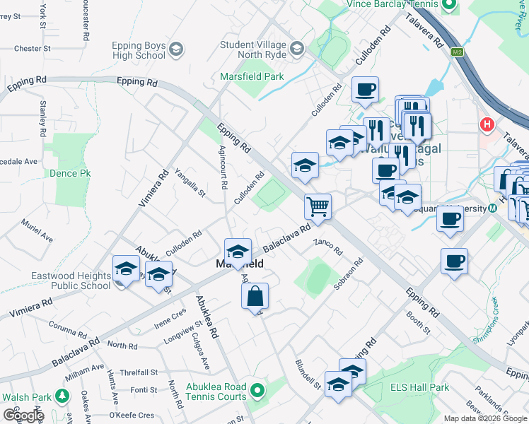 map of restaurants, bars, coffee shops, grocery stores, and more near 17 Plunkett Street in Marsfield
