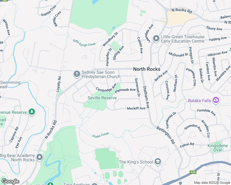 map of restaurants, bars, coffee shops, grocery stores, and more near Plymouth Avenue in North Rocks