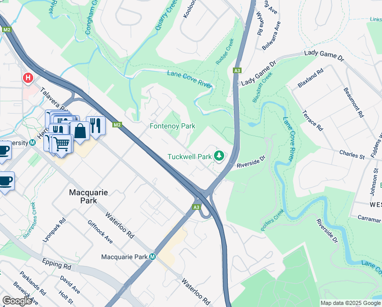 map of restaurants, bars, coffee shops, grocery stores, and more near Fontenoy Road in Macquarie Park