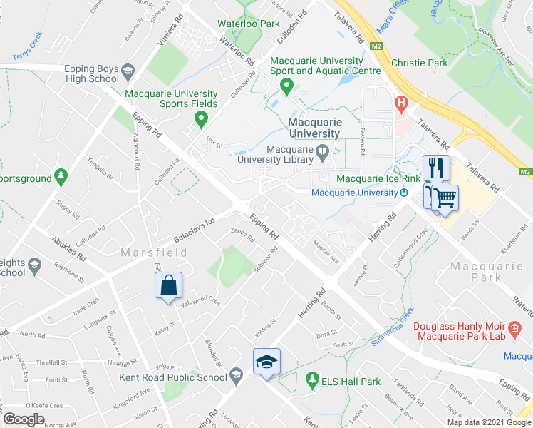 map of restaurants, bars, coffee shops, grocery stores, and more near 159 Epping Road in Macquarie Park