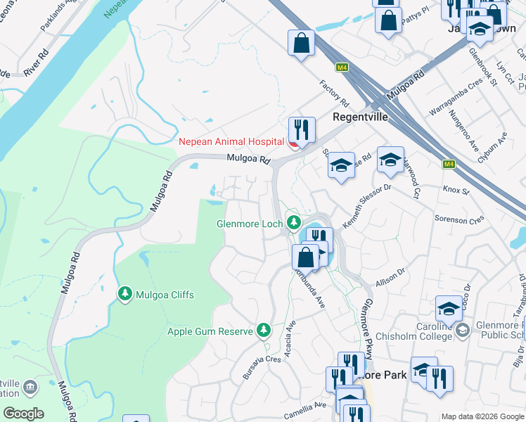 map of restaurants, bars, coffee shops, grocery stores, and more near 13 Regentville Road in Glenmore Park