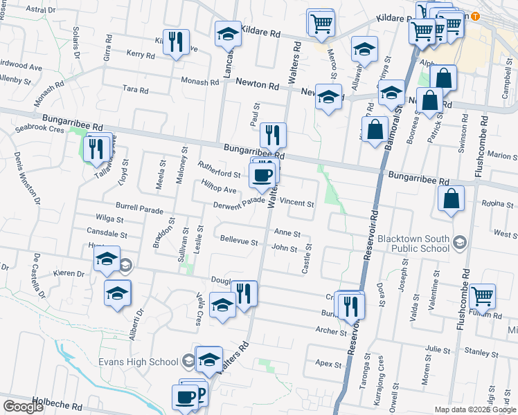 map of restaurants, bars, coffee shops, grocery stores, and more near 3 Hillside Road in Blacktown