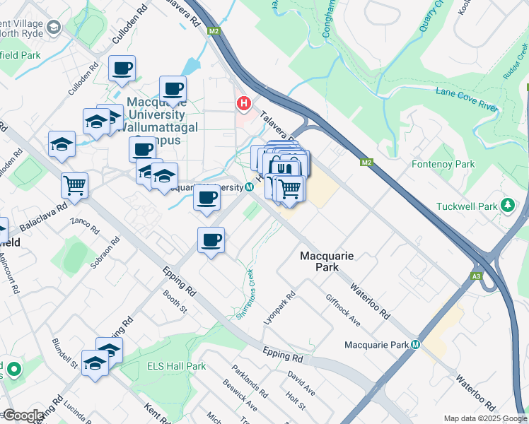 map of restaurants, bars, coffee shops, grocery stores, and more near 21 Cottonwood Crescent in Macquarie Park