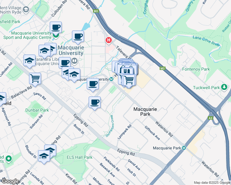 map of restaurants, bars, coffee shops, grocery stores, and more near 17 Cottonwood Crescent in Macquarie Park