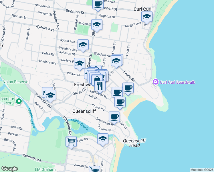 map of restaurants, bars, coffee shops, grocery stores, and more near 10 Moore Road in Freshwater